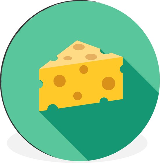 WallCircle - Wandcirkel - Muurcirkel - Illustratie van een stuk kaas met gaten - Aluminium - Dibond - ⌀ 90 cm - Binnen en Buiten