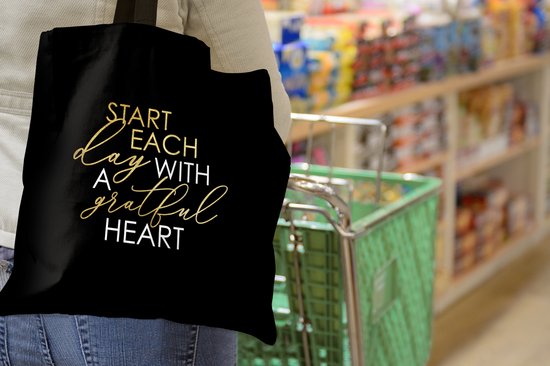 Sac Bandoulière - Sac de Plage - Citation Shopper - Coeur - Goud - Zwart - 40x40 cm - Sac en coton