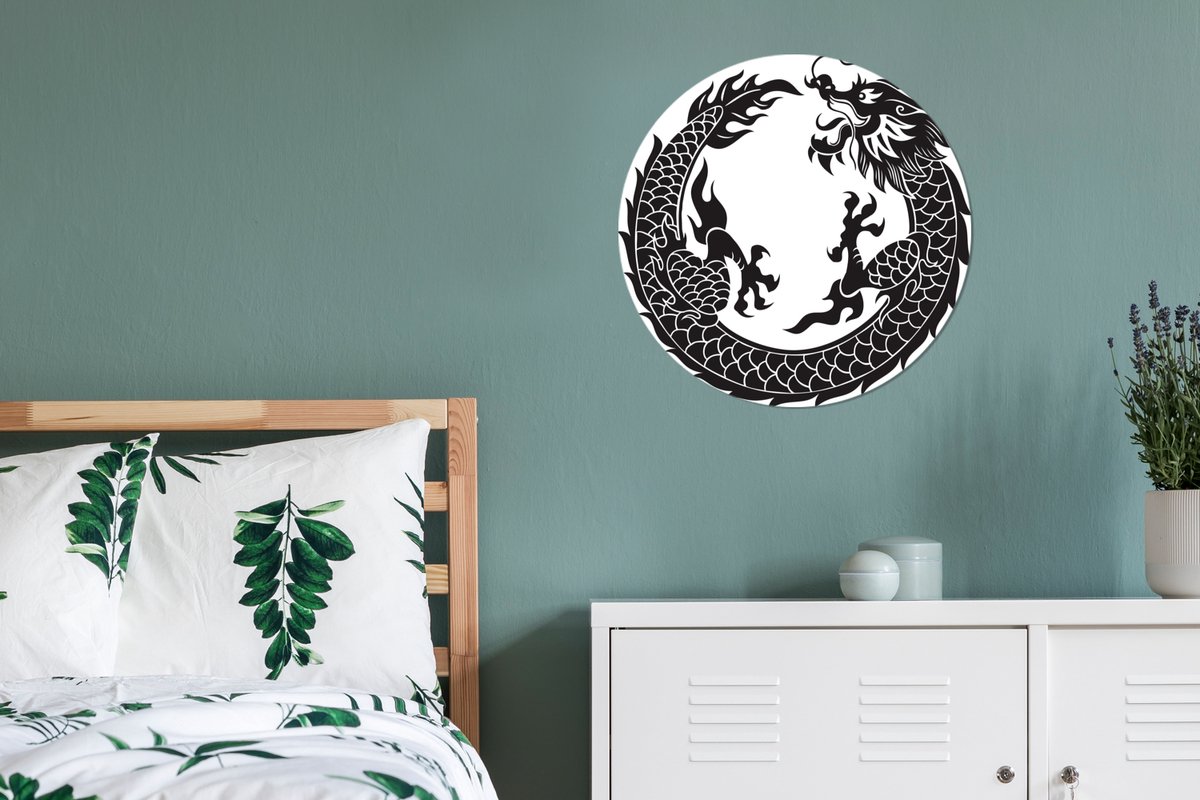 Illustration Zwart et blanc d'un dragon chinois cercle mural aluminium ⌀ 60  cm 