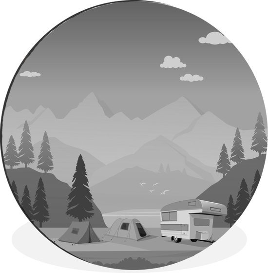 WallCircle - Wandcirkel - Muurcirkel - Illustratie van een camper tussen de bergen - zwart wit - Aluminium - Dibond - ⌀ 90 cm - Binnen en Buiten