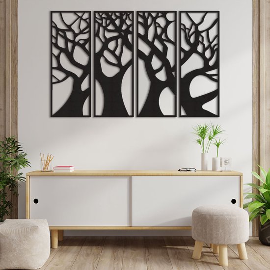 Wanddecoratie - Bomen Paneel 4 Delen - Hout - Wall Art - Muurdecoratie - Zwart - 120 x 77.5 cm