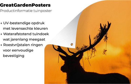 Tuinposter 120x160 cm - Tuindecoratie Hert - Oranje - Silhouet - Dieren - Natuur - Poster voor in de tuin - Buiten decoratie - Schutting tuinschilderij - Tuindoek muurdecoratie - Wanddecoratie balkondoek