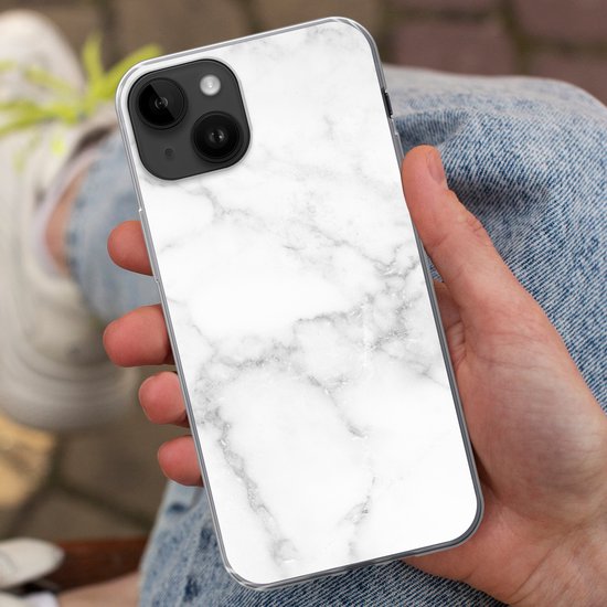 Telefoonhoesje Geschikt voor Apple Iphone 14 Plus hoesje - Marmer print - Wit - Grijs - Luxe - Marmer printlook - Steen - Siliconen Telefoonhoesje Telefoonhoesje