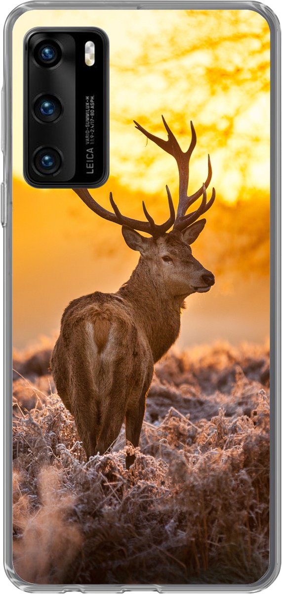 Telefoonhoesje Geschikt voor Huawei P40 hoesje - Hert - Dieren - Zonsondergang - Winter - Heide - Natuur - Siliconen Telefoonhoesje Telefoonhoesje