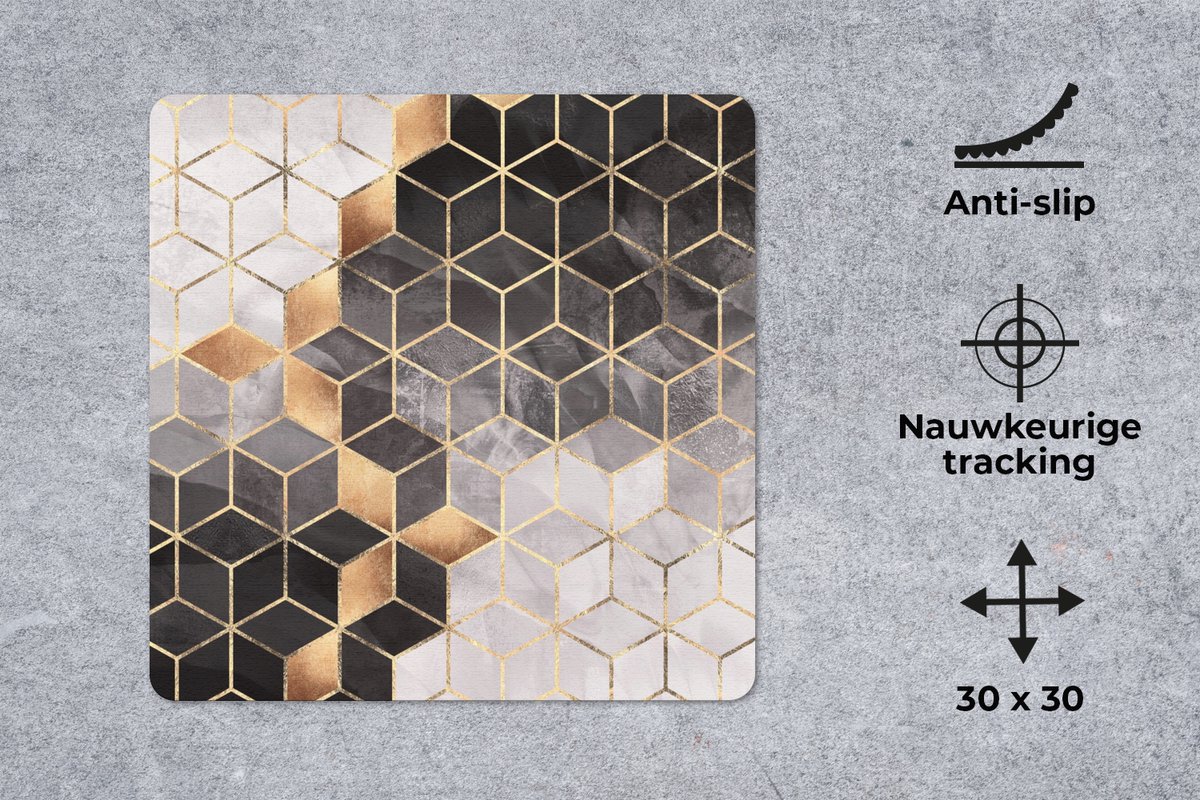 Muismat 30x30 cm - Mousepad Abstract - Kubus - Goud - Patronen - Zwart - Wit - Muismatten