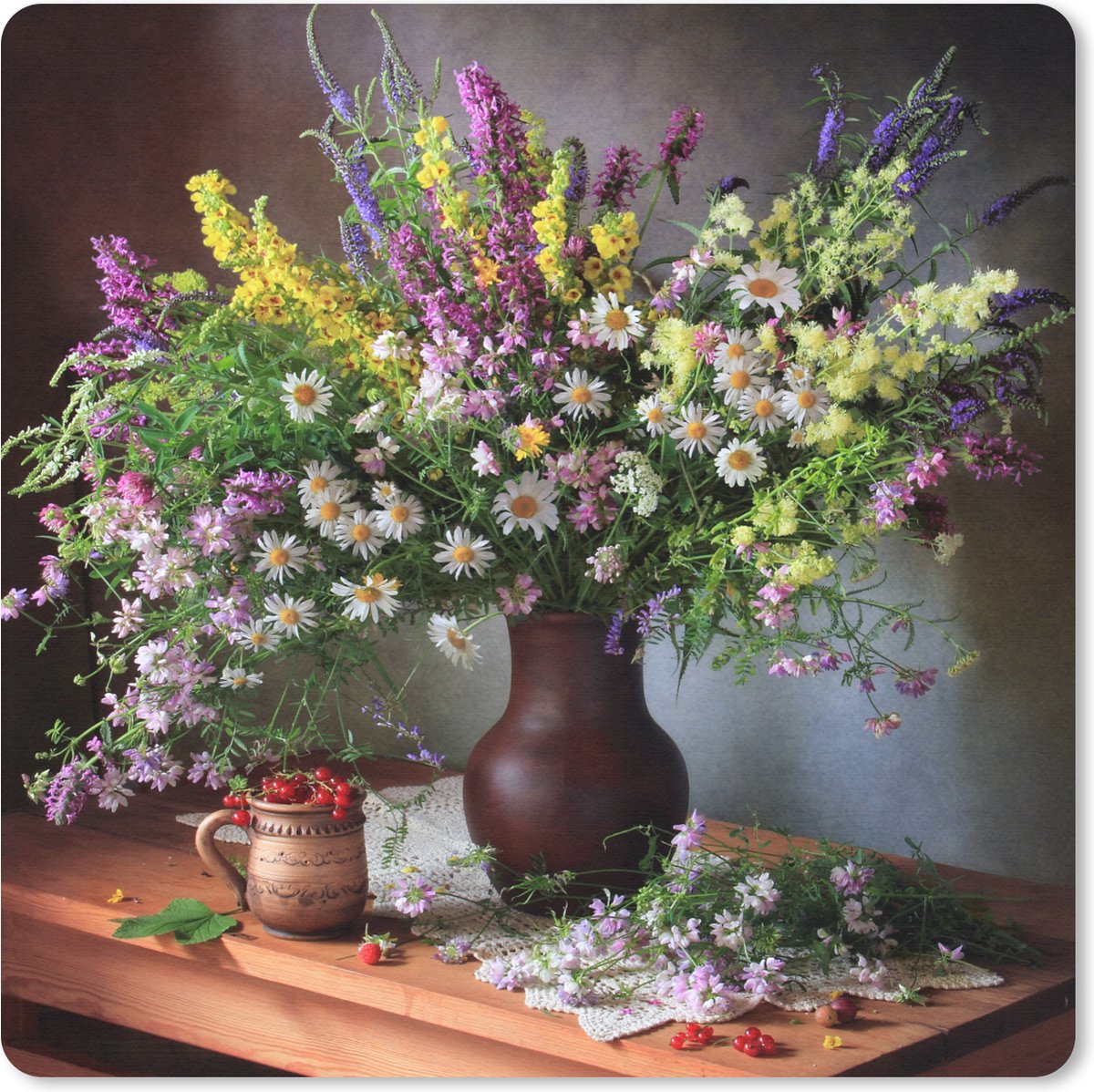 Muismat 30x30 cm - Mousepad Bloemen - Tafel - Stilleven - Boeket - Vaas - Muismatten