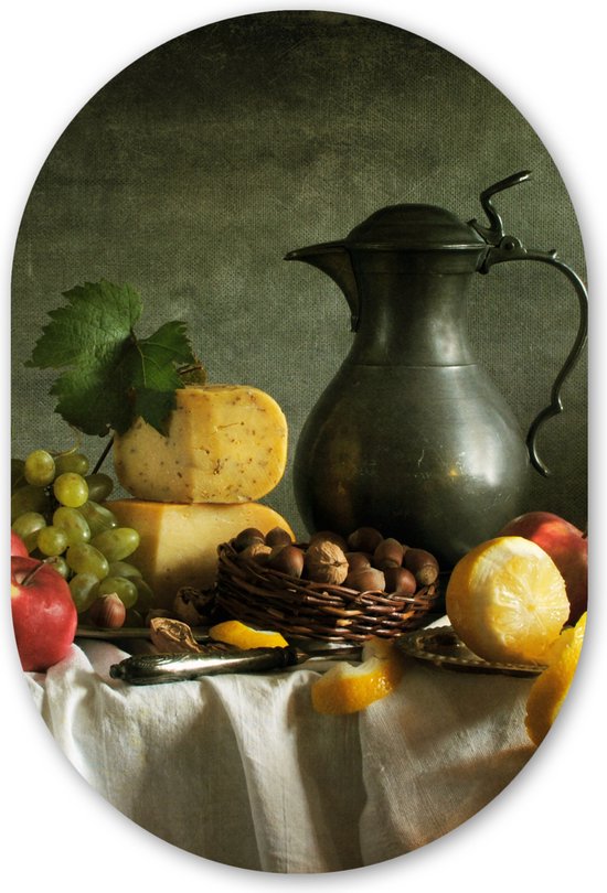 Ovale mural - Ovale mural - Décoration murale en plastique - Tableau ovale - Rustique - Fromage - Théière - Fruits - Nature morte - 80x120 cm - Forme miroir ovale sur plastique