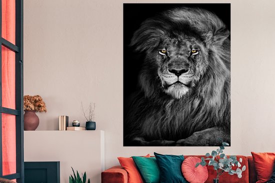 Affiche Lion - Yeux - Oranje - Zwart et Blanc - Animaux - Portrait - 120x180 cm XXL
