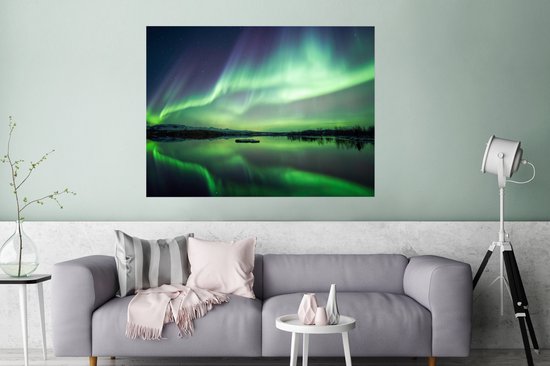 Poster Aurores Boréales - Lac - Islande - Vert - Forêt - Neige - 120x90 cm