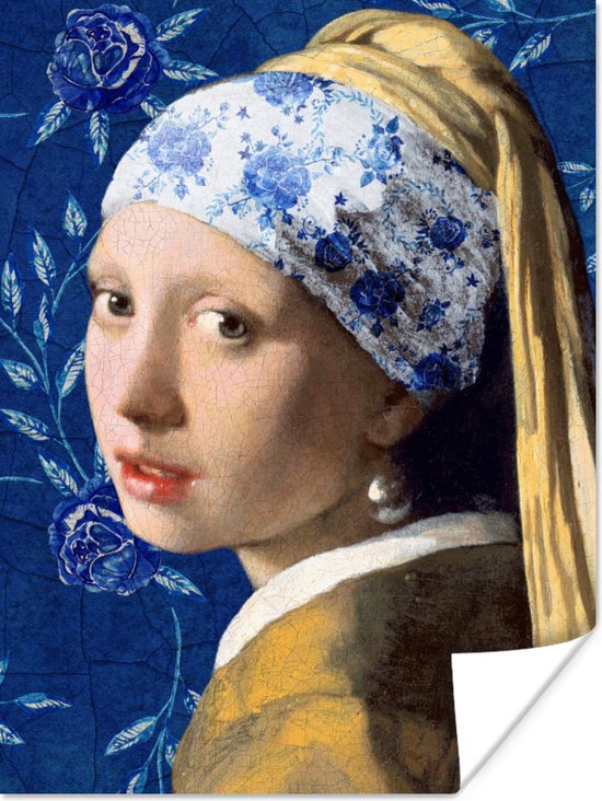 poster-meisje-met-de-parel-delfts-blauw-vermeer-bloemen