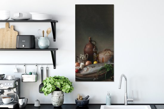 Peinture sur toile rustique - Poisson - Nature morte - Légumes - Herbes - 40x80 cm - Décoration murale