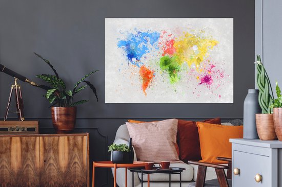 Sticker Muursticker Cartes du monde du monde - Encre couleur Wereldkaart - 120x80 cm - Film adhésif autocollant - Sticker mural repositionnable