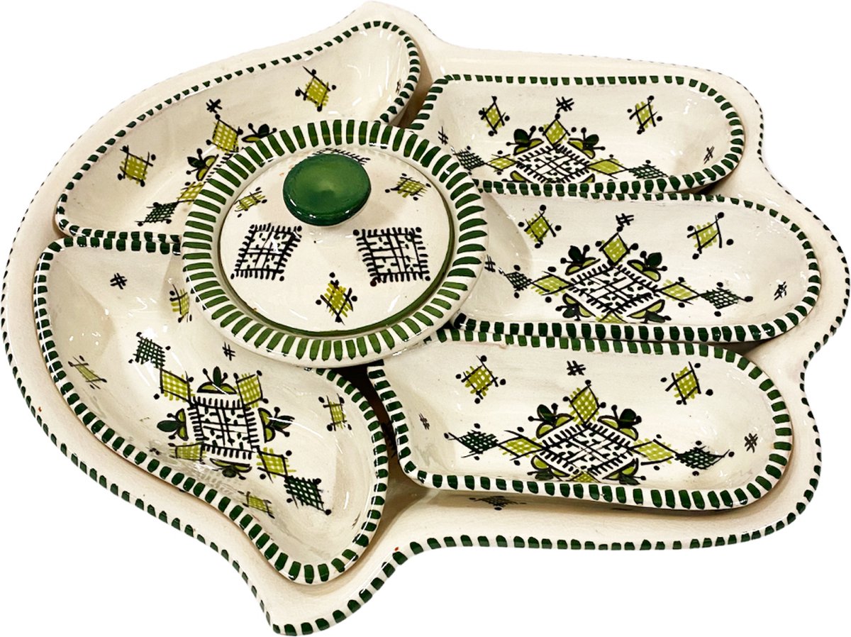 Khamsa dipping en serveerset-aardewerk en handgemaakt - 7-delige