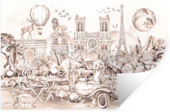 Muursticker Kinderen - Slaapkamer decoratie - Parijs - Decoratie kinderkamers - Panda - Wanddecoratie kids - Dieren - Luchtballon - 30x20 cm - Zelfklevend behangpapier - Stickerfolie