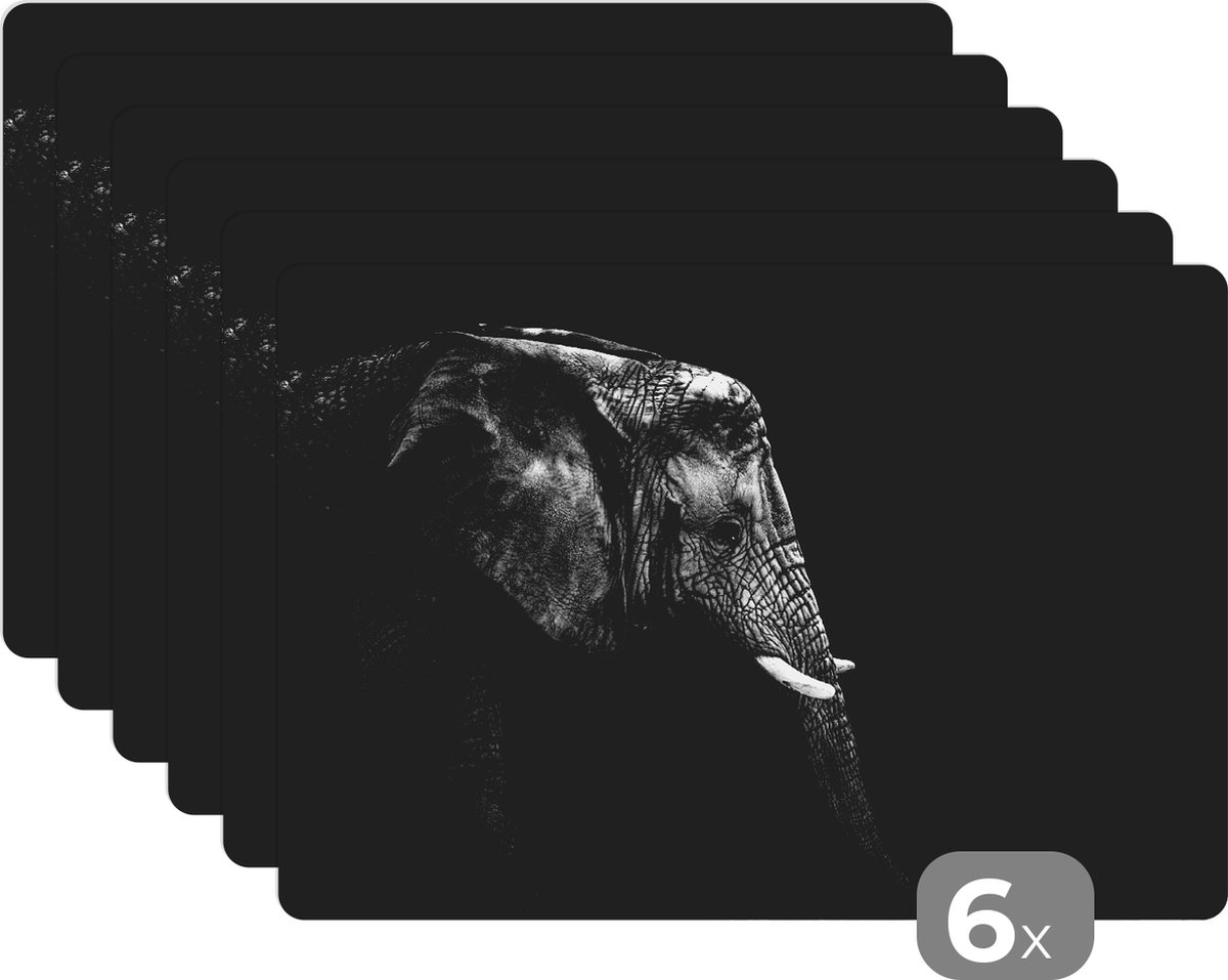 Placemat - Placemats kunststof - Olifant - Zwart wit - Portret - Dieren - 45x30 cm - 6 stuks - Hittebestendig - Anti-Slip - Onderlegger - Afneembaar