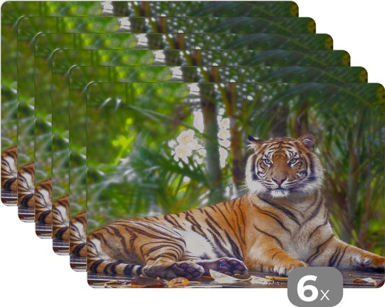 Set de Table - Napperons de Table en Plastique - Tigre - Animaux - Forêt - Feuilles - Jungle - 45x30 cm - 6 pièces - Résistant à la Chaleur - Antidérapant - Pad - Amovible