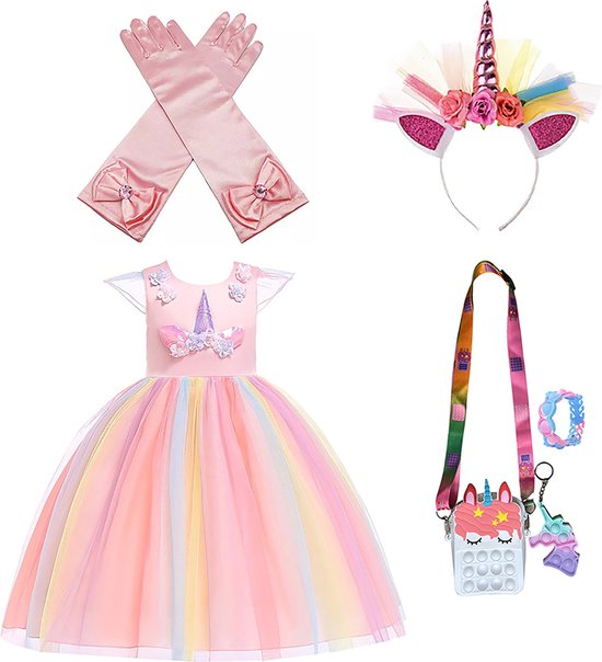Unicorn - Prinsessenjurk meisje - Fidget toys - Lange handschoenen - Roze jurk - Eenhoorn - Haarband - Het Betere Merk - maat 134/140 (140) - Verkleedkleren Meisje
