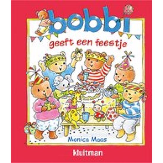 Bobbi geeft een feestje: een boekillustratie van beren in feestkleding rond een verjaardagstaart.