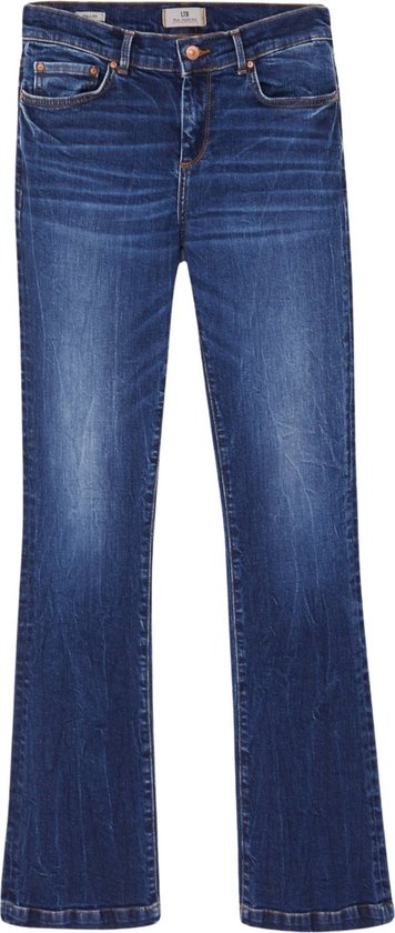 Donkerblauwe LTB Jeans Fallon flared jeans met lichte wassing, staand weergegeven.