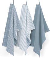 Walra Theedoeken Dry with Cubes, Stripes & Blocks - Keukenhanddoeken 3 x 50x70cm - Theedoeken en Keukendoeken set 100% Katoen - Jeans Blauw