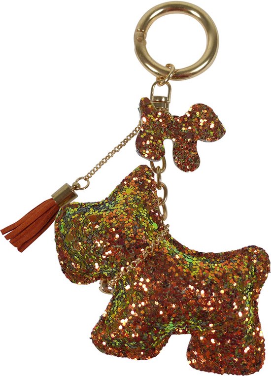 Sleutelhanger/Tashanger Goud - Zeegroen Hondje en Puppy met Glitter