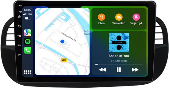 Apple CarPlay-scherm met navigatie, apps voor eten, winkelen, vrije tijd en muziek van Ed Sheeran.