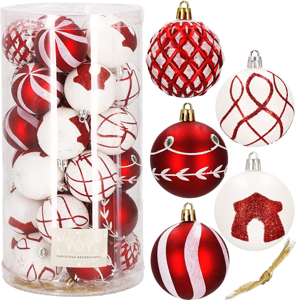 Kerstballen van kunststof, 30-delige kerstballenset, diameter 6 cm, rood-witte decoratie voor Kerstmis, feest, bruiloft
