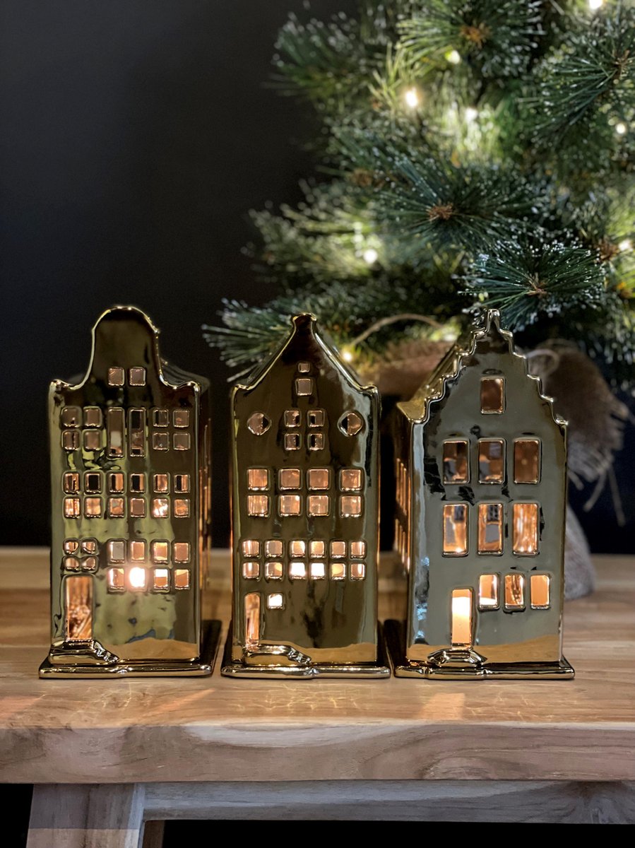 Shudehill Giftware Dorp Aardewerk Tall Cottage Navy Theelicht