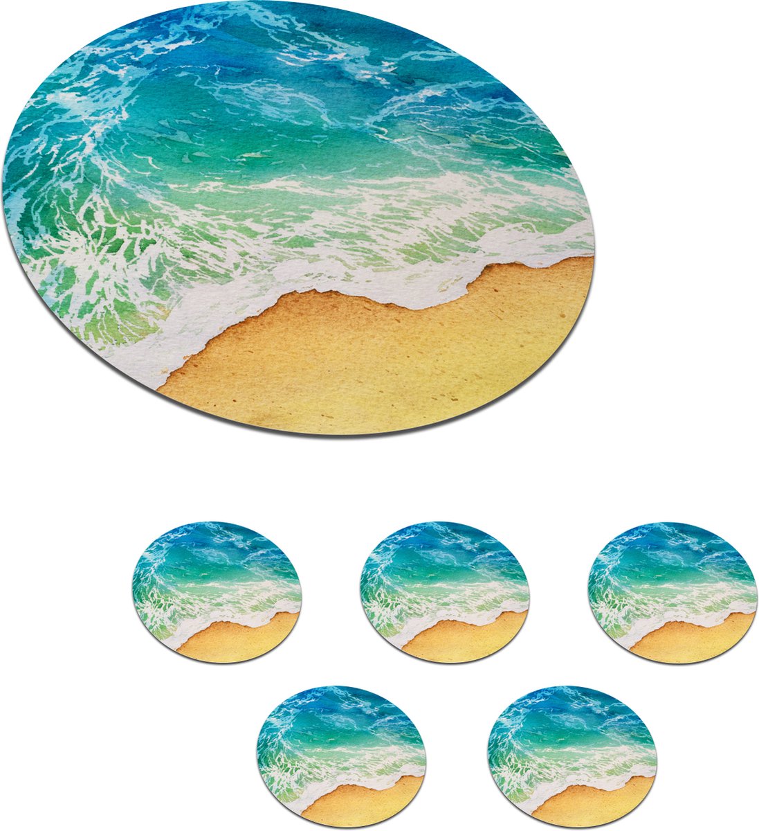 Onderzetters voor glazen - Rond - Strand - Zee - Golf - 10x10 cm - Glasonderzetters - 6 stuks