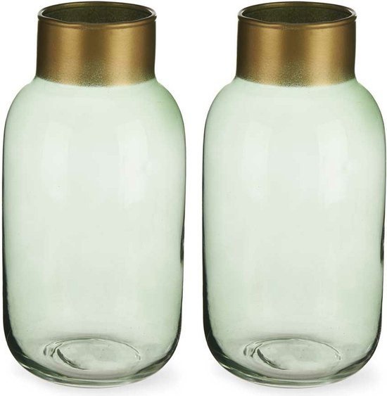 Giftdecor - Bloemenvazen 2x stuks - Glas - groen/goud - 14 x 30 cm