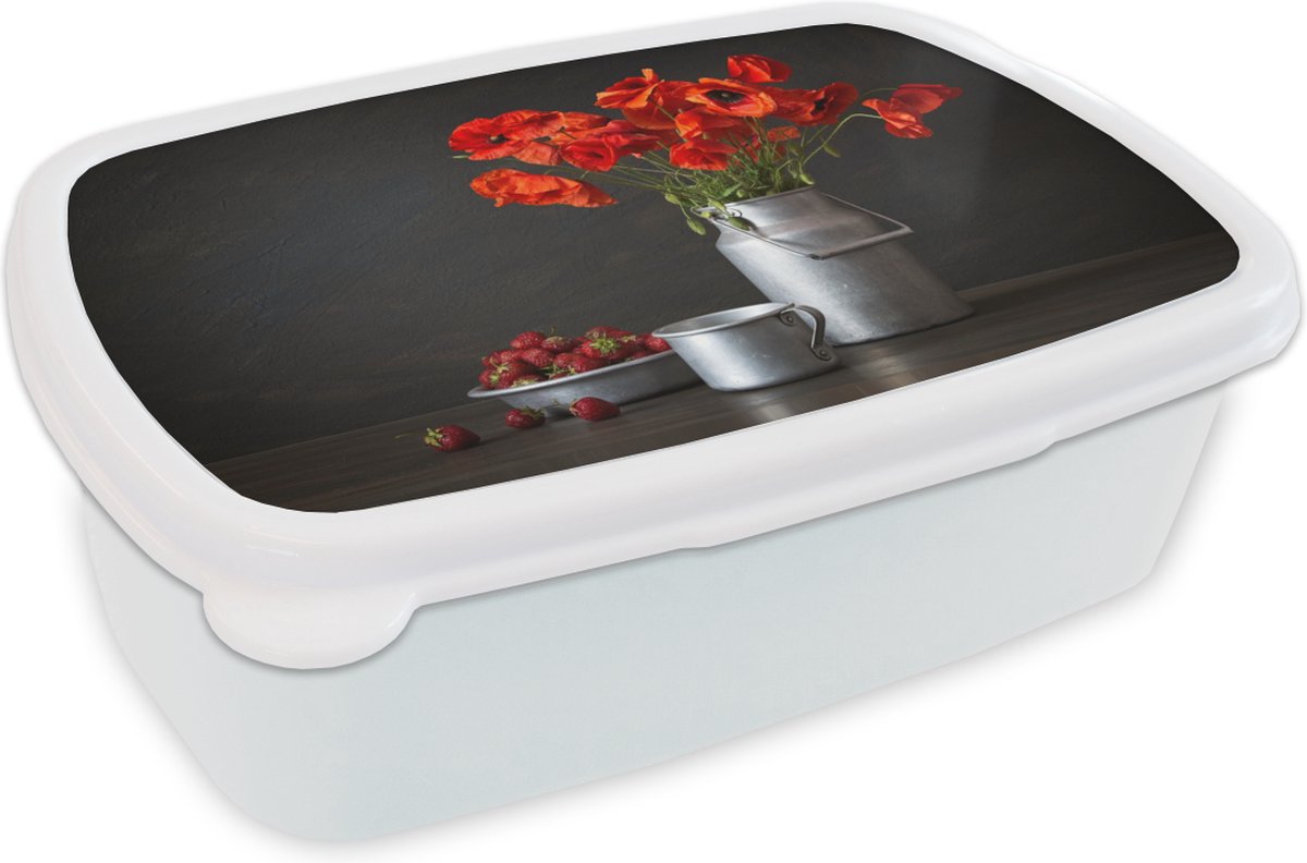 Broodtrommel Wit - Lunchbox - Brooddoos - Stilleven - Klaprozen - Melkkan - 18x12x6 cm - Volwassenen