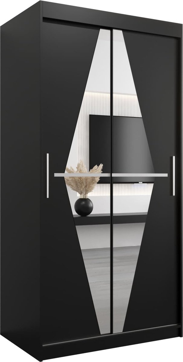 InspireME Kledingkast met 2 schuifdeuren, Modern-stijl, Een kledingkast met planken en een spiegel (BxHxD): 100x200x62 - BOLA 100 Zwart Mat