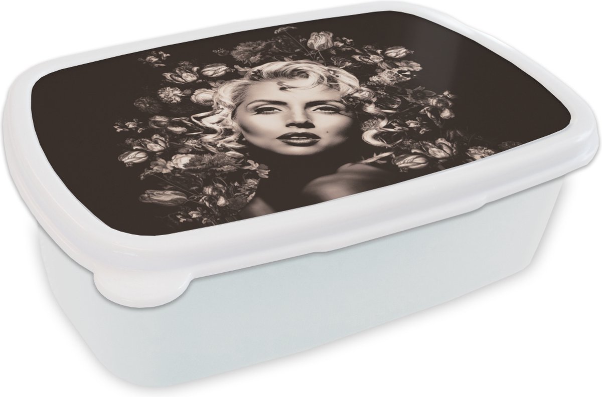 Broodtrommel Wit - Lunchbox - Brooddoos - Vrouw - Bloem - Luxe - 18x12x6 cm - Volwassenen