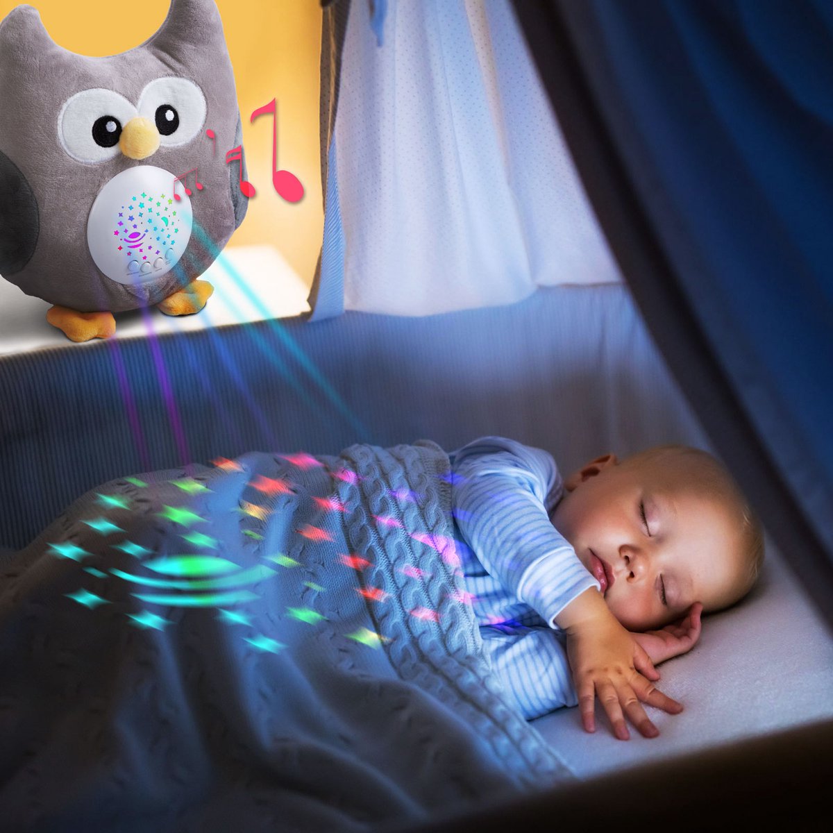 Babykamer Uil Sterrenhemel Projector met Muziek en White Noise op Batterijen - LED Projector Lamp Baby en Kinderen - Kinderlamp - Projector Nachtlampje - Muziek Nachtlampje - Sterrenprojector voor Kinderkamer – foto 3