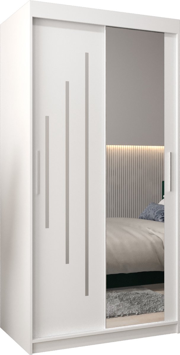 InspireME Kledingkast met 2 schuifdeuren, Modern-stijl, Een kledingkast met planken en een spiegel (BxHxD): 100x200x62 - MALTESE II 100 Wit Mat