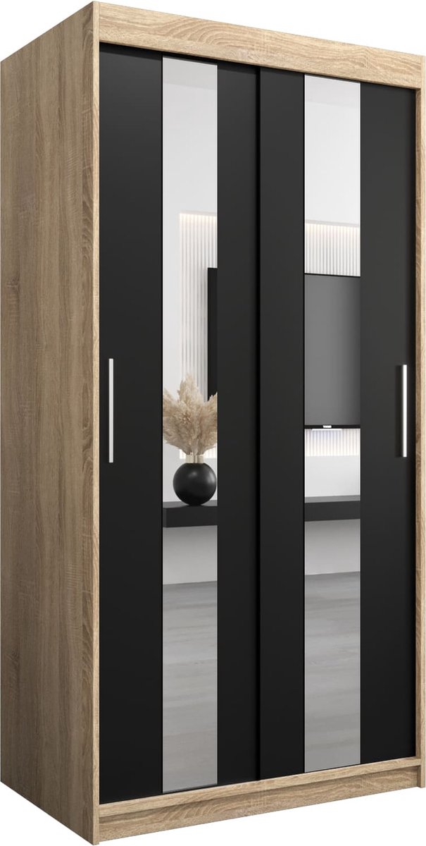 InspireMe - Kledingkast met 2 schuifdeuren, Modern-stijl, Een kledingkast met planken en een spiegel (BxHxD): 100x200x62 - DANCE 100 Sonoma Eik + Zwart Mat