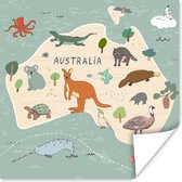 Muurdecoratie - Wereldkaart kinderen - Dieren - Australië - Jongens - Blauw - Kids - 50x50 cm - Poster