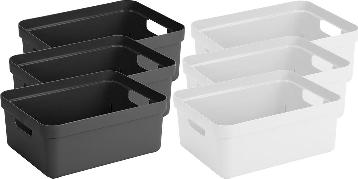 Sunware Set van 6x stuks opbergboxen/opbergmanden 24 liter kunststof antraciet en wit - Formaat per box: 45,3 x 35,4 x 18,3 cm Multi