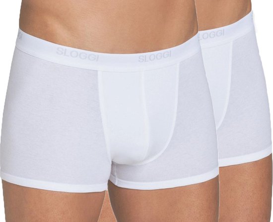 Twee witte Sloggi boxershorts met een lichtgrijze tailleband met logo.
