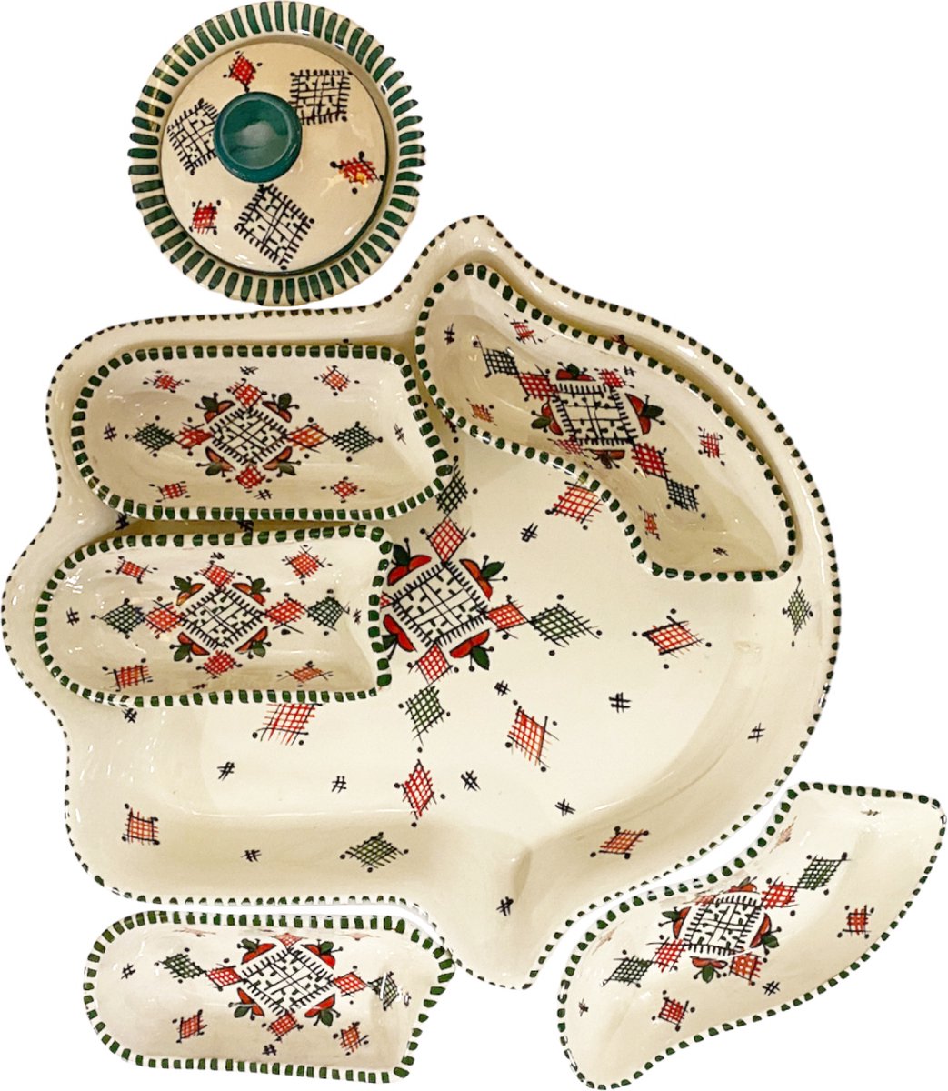 Khamsa 7-delige Tafelen dipping en serveerset - aardewerk en handgemaakt - Origineel Cadeau