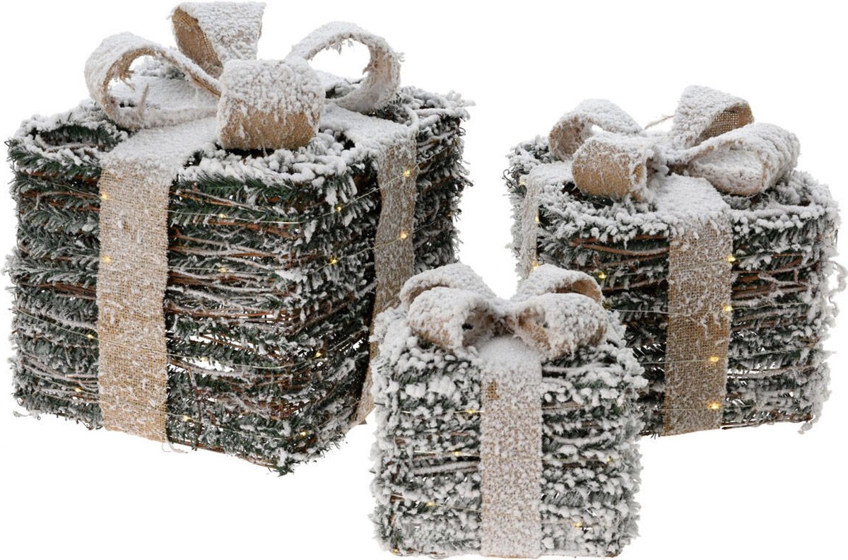 3 verlichte geschenkdozen van 17cm, 21cm en 26cm hoog - LED - Besneeuwd - 6-uurs timer
