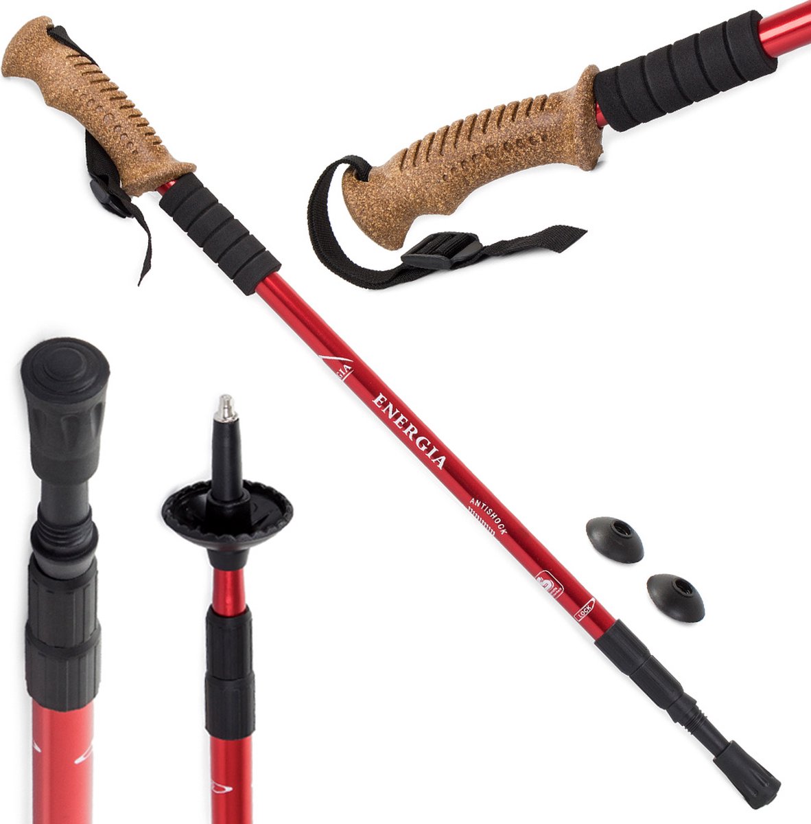 2 Stuks Nordic Walking Wandelstokken Telescopisch - Kurken Handgreep - Antishock - Maximale lengte 135 cm - Ingeklapt 64 cm - Rood