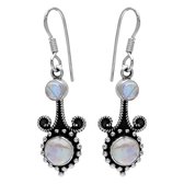Zilveren oorbellen met hanger dames | Zilveren oorhangers, maansteen met sierlijke details en geoxideerde delen