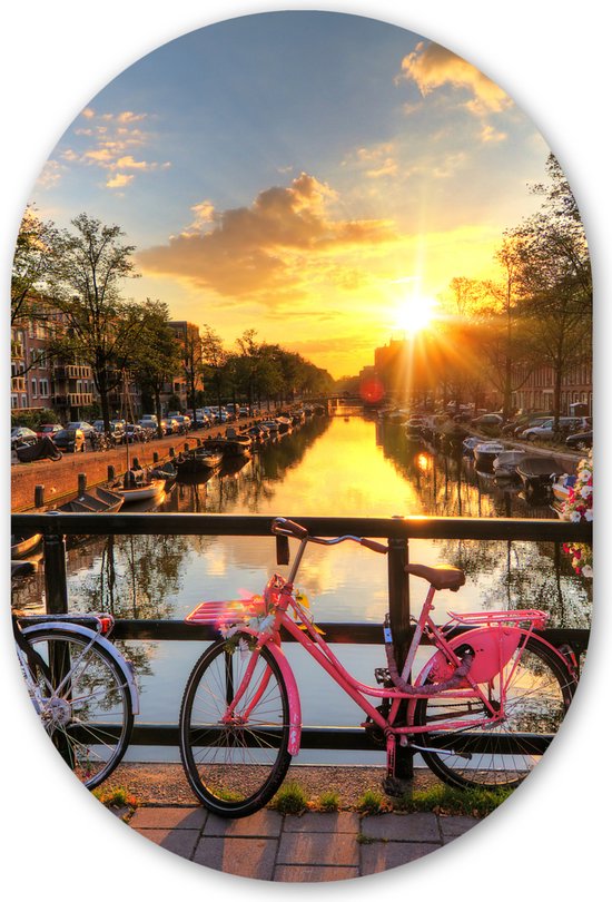 Wall Oval - Décoration murale en plastique - Peinture ovale - Amsterdam - Fleurs - Pont - Vélo - Coucher de soleil - 40x60 cm - Forme miroir ovale sur plastique