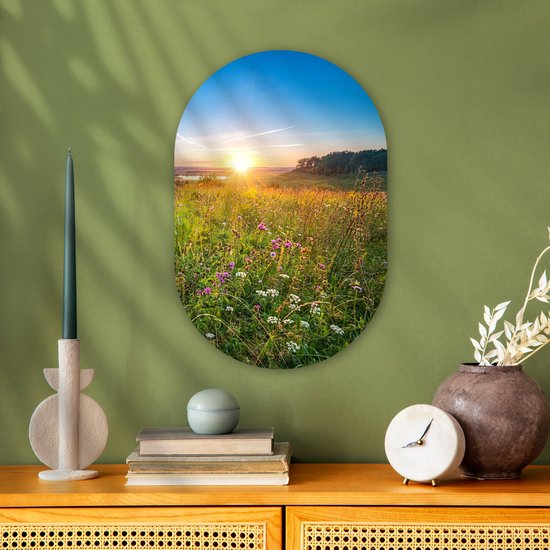 Ovale mural - Décoration murale en plastique - Tableau ovale - Soleil - Herbe - Fleurs - 40x60 cm - Forme miroir ovale sur plastique