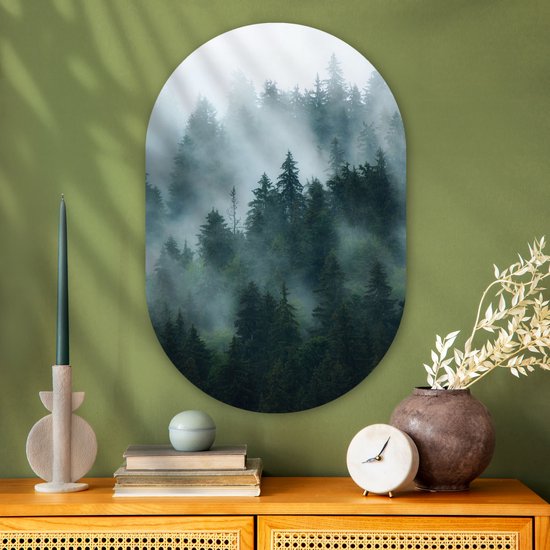 Wall Oval - Décoration murale Plastique - Peinture Ovale - Brouillard - Arbres - Forêt - 60x90 cm - Forme miroir ovale sur plastique