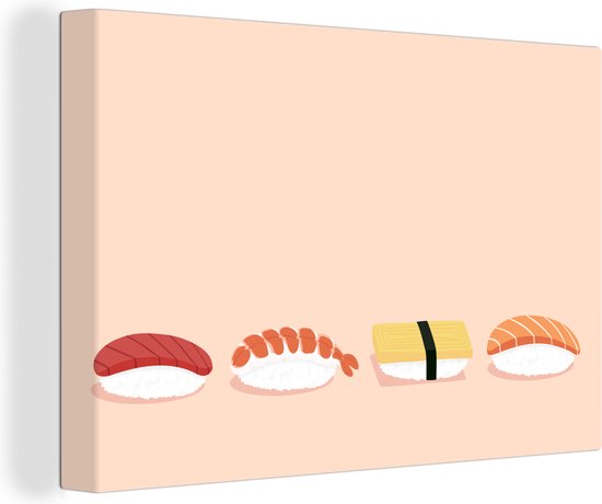 Canvas Schilderij Sushi illustratie op lichtroze achtergrond - 90x60 cm - Wanddecoratie