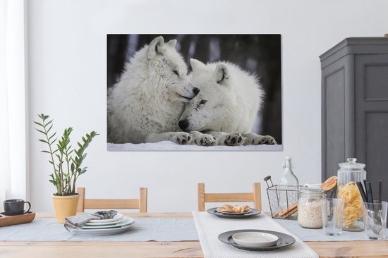 Deux loups blancs dans la neige sur toile 2cm 120x80 cm - Tirage photo sur toile (Décoration murale salon / chambre) / Animaux sauvages Peintures sur toile