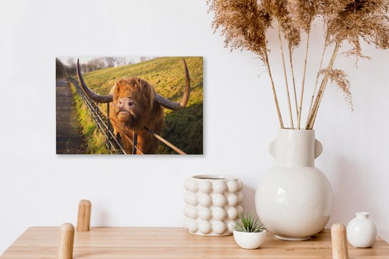 Peinture sur toile Highlander écossais - Clôture - Herbe - 30x20 cm - Décoration murale