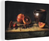 Canvas Schilderij Schilderij - Stilleven - Vaas - Tafel - Sinaasappel - Kunst - 30x20 cm - Wanddecoratie